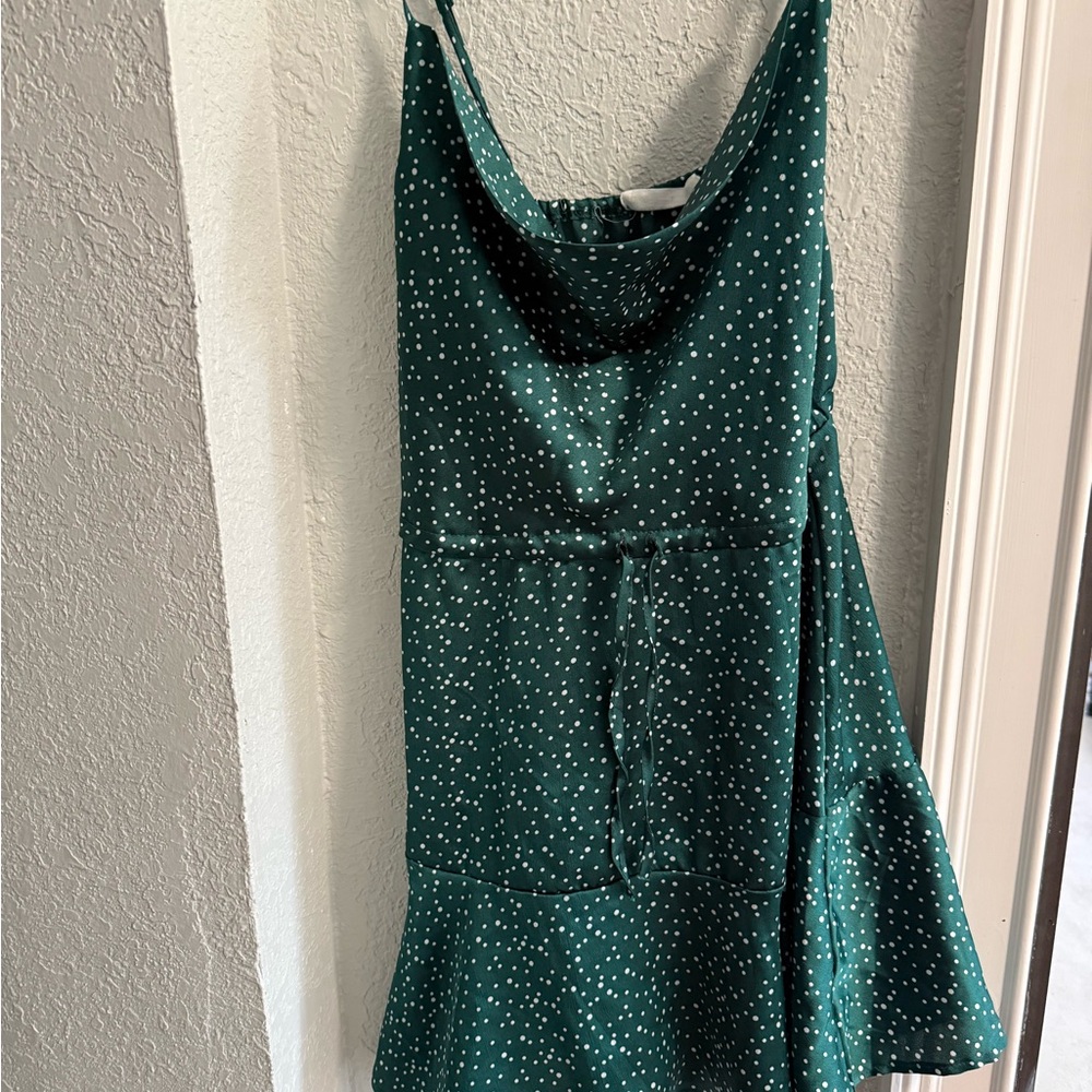 Goodnight Macaroon Cowl Neck Forest Green Dress with White Dots - Picture 2 of 8